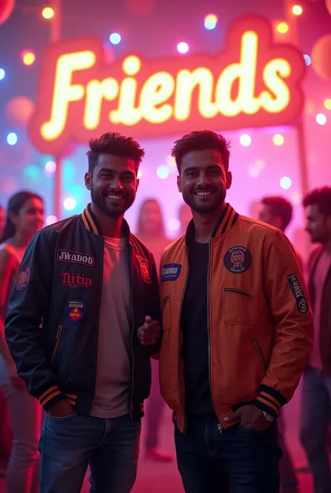 A lively party scene with two mans enjoying themselves, wearing jackets with their names on them—Aman on one and Nitin on the other. In the background, the word Friends is prominently displayed in bold, festive letters, capturing the spirit of friendship a...