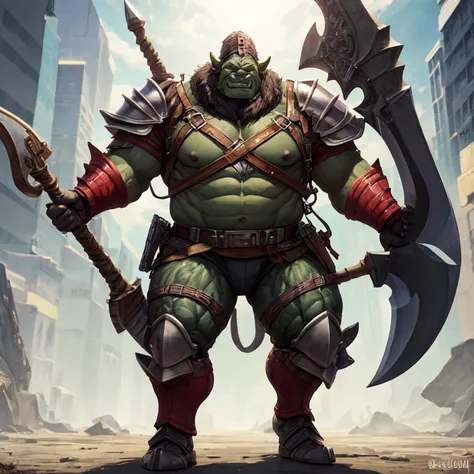 A large, heavily built orc wearing armor and a fully enclosed helmet, armed with two axes. 