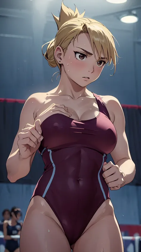 masterpiece, Highest quality, High resolution, One Girl, Hamriz, ponytail, Brown eyes,big ,Competitive swimming suits、Cowboy Shot、Muscular body、blush、Sweat、Composition from the front、アニメ、(((Competitive swimming suits、Stand in front、audience、Shaking breasts...