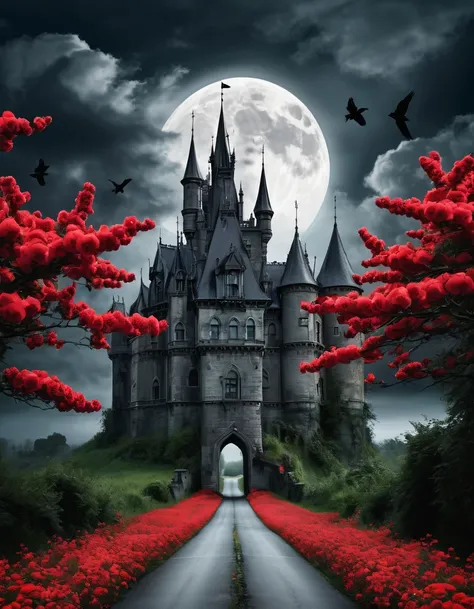 A gothic big larger black haunted castle from afar and a road to the castle and in the both side of the road there are red flowers. There are a lot of clouds and it seems like this place is haunted. There is the moon in the sky and there are crows flying i...