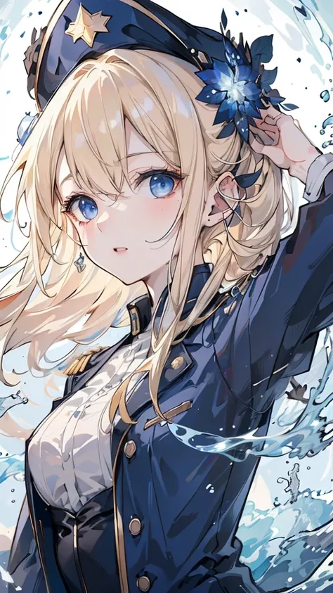 (best quality, ultra-detailed, realistic:1.37), (HDR, uhd), (studio lighting, sharp focus, professional), (portraits, アニメ),

A girl with blonde hair and blue eyes, detailed eyes, and pale skin,Black military uniform and navy blue windbreaker. Blue electric...