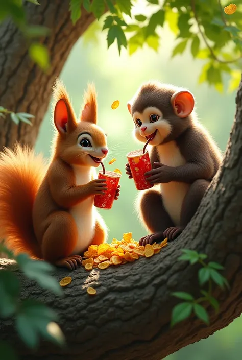 Squirrel and a monkey on a tree eating chips and soda , The image is taken from below 