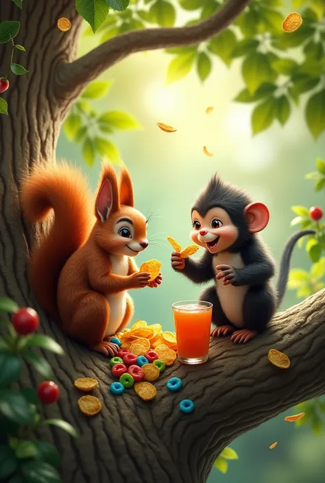 Squirrel and a monkey on a tree eating chips and soda , The image is taken from below 