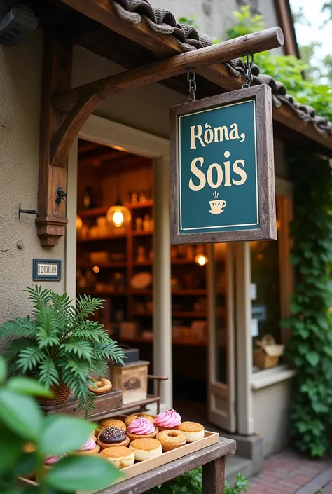 The coffee shop in the house has cakes, tea, beer and a pretty sign in front of the shop. In the form of a store logo, it is modern and simple to promote the store.
