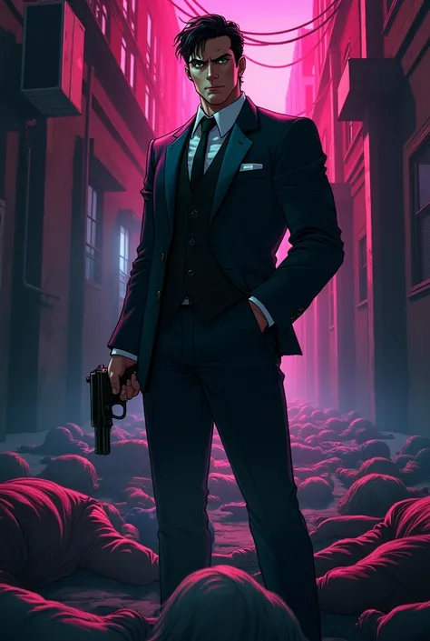 A mobster man in his 30s, Italian, green eyes, black hair, handsome and muscular, alpha dominant psychopath holding a gun with bodies around him of his victims. anime style