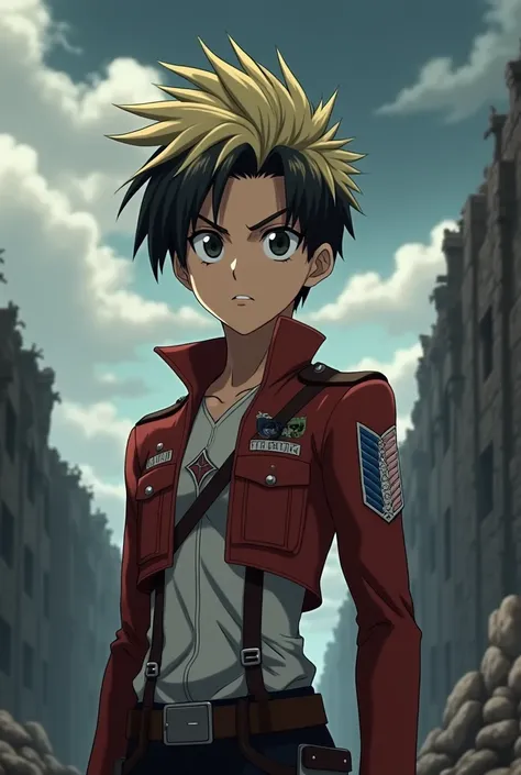 man, young short hair and raised, mohawk style hair, blonde tips but black roots, serious expression, thick eyebrows, big black eyes, delgado, white, in the style of Attack on Titan anime, with the attack on titan uniform 