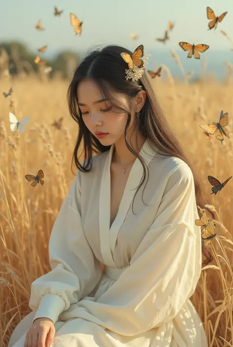 a normal Chinese girl sitting by butterflies, white and golden, intricate minimalism, close-up,super detail, dreamlike high photography,movie still. A riot of colour, shot on fujifilm X4