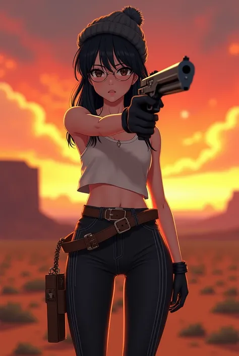 masterpiece, High quality CG, Japanese cartoons, illustration, best quality, 1 Girl, boundary, , Pretty Face, Delicate face, Cowboy shooting, Doka Ebi, 1 Girl, Solitary, Looking at the audience,  Black Hair, Weaving, Glasses, Black Gloves, belt, Pants, bla...