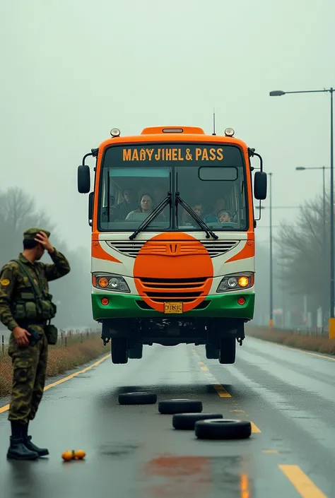 Généré une image dun bus plein des personnes de tous genres, qui a trois couleurs orange, blanche et vert et un disque orange au centre,  sur une route longue en plein bourse, avec un militaire debout à côté du véhicule ses deux mains sur sa tête, le véhic...