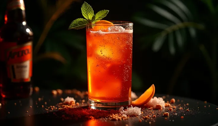 full shot photography upper angle shot with a strong accent to cocktail aperol spritz on the black background tropical aesthetics food book photography 35 mm movie frame epic scene cinematic 3d, strong 8k uhd quality