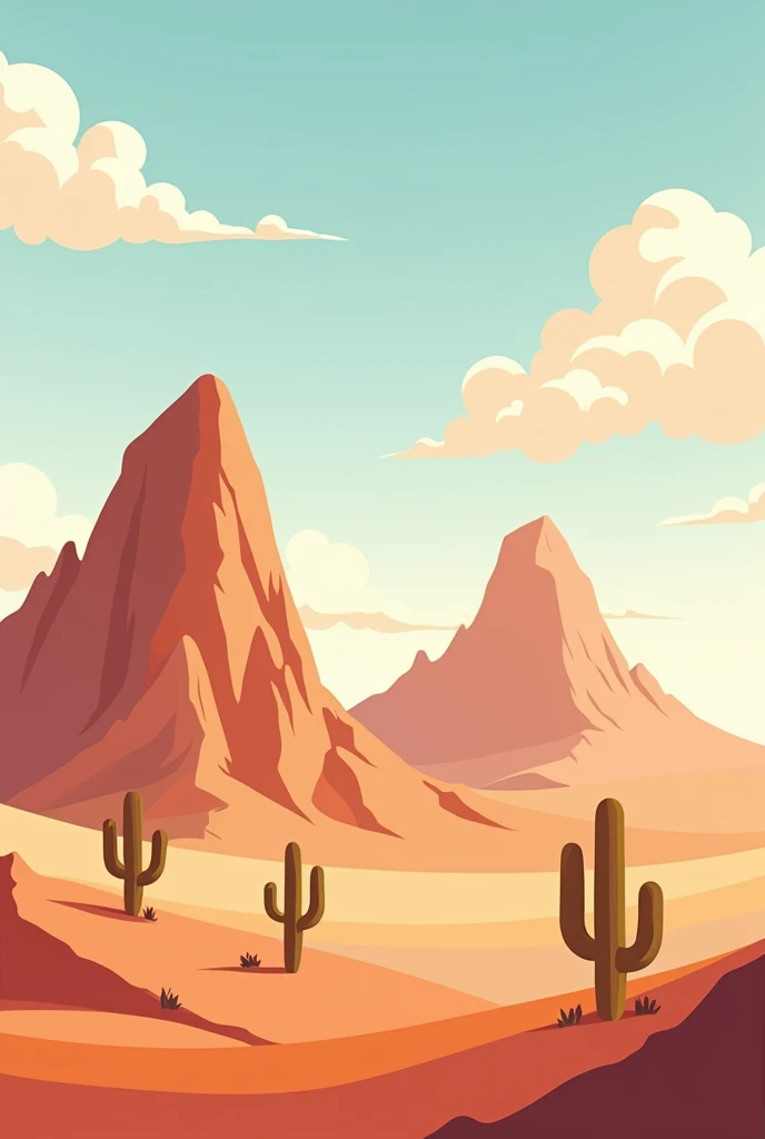 wide angled Point of view a little bit far of 2 desert mountains and 3 cactuses scattered around in vector style a little bit orange in color with clouds