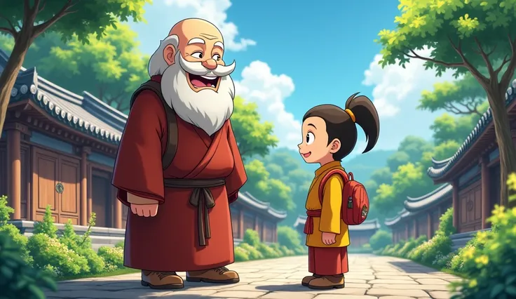 Old fat monk talking and standing with young monk student, beautiful garden, in anime style, trees, surrounded by temples,