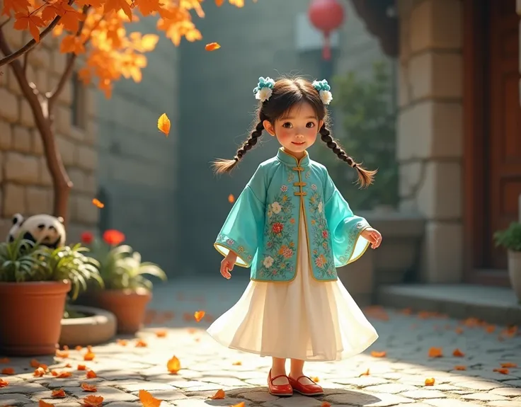 A charming young girl in traditional East Asian attire, featuring a turquoise jacket with floral patterns and a flowing white skirt. She has two playful braids adorned with delicate blue flowers. The scene is set in a serene courtyard with a rustic wall an...