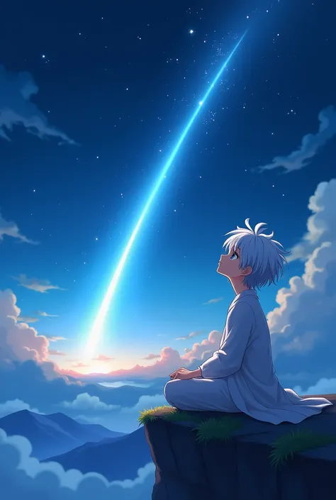 a anime boy with white hair and white clothes at night sitting shooting star