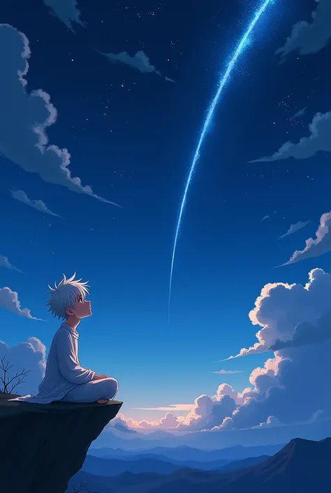 a anime boy with white hair and white clothes at night sitting shooting star