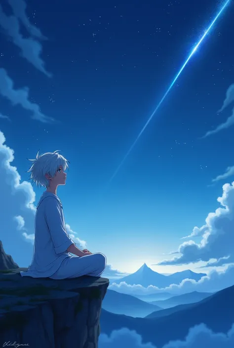 a anime boy with white hair and white clothes at night sitting shooting star