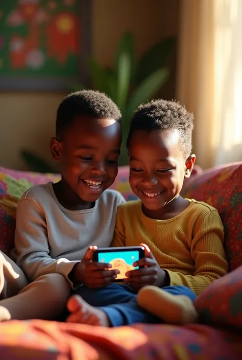 Un garçon de 6 ans et une  de 8 ans africains non métisse qui regarde un dessin animé sur le téléphone.  Les cheveux court 