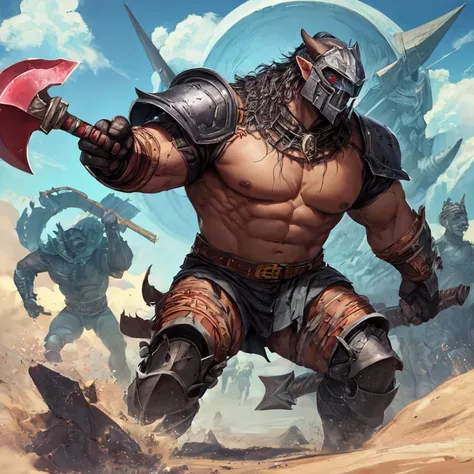 A large, powerfully built orc, fully armored and wearing a full-face helmet, armed with two axes. 