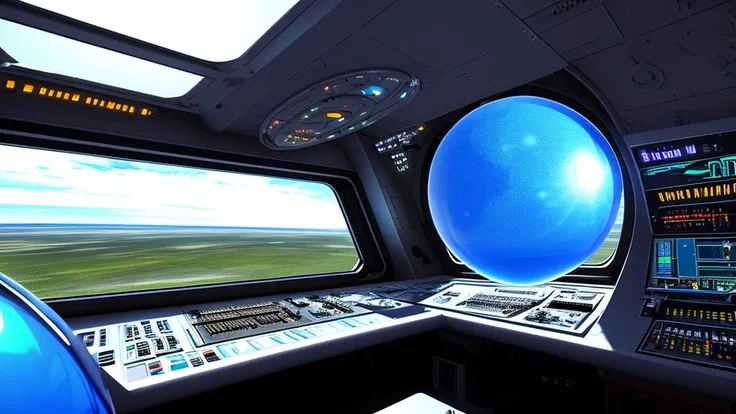 A bright blue sphere on the viewscreen of the bridge of the Starship Enterprise