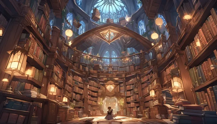 Fantasy Library: An enormous, ancient library with floating bookshelves, enchanted tomes, and magical creatures assisting with research.