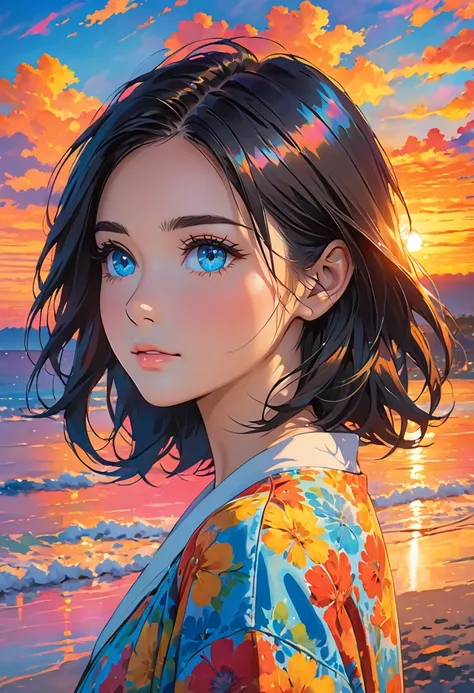 Woman in front of colorful sunset, single girl, alone, black hair, blue eyes,