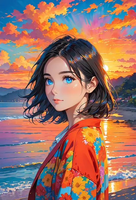 Woman in front of colorful sunset, single girl, alone, black hair, blue eyes,