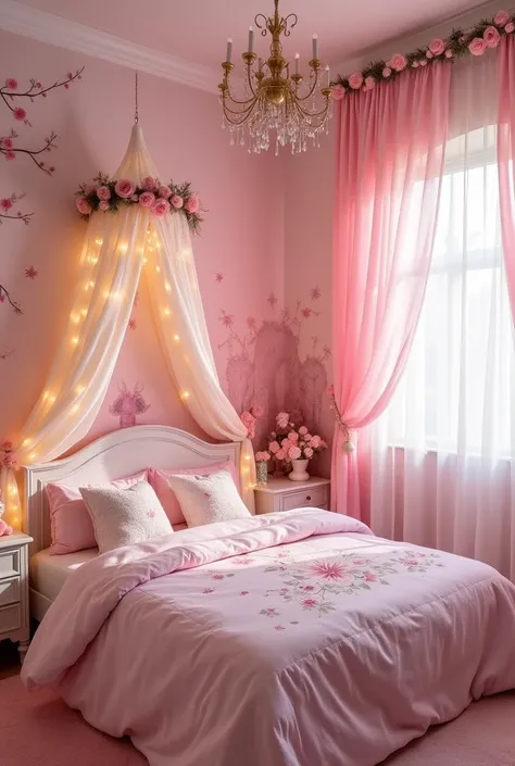 Please design me a fairy tale style bedroom for my girl., with gentle and peaceful design, bright color with pink as the main color