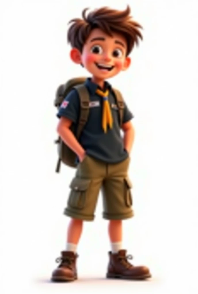 Boy Scout logo not with shorts but with military pants and a black polo shirt, sharp animated image with some happiness without a background and his backpack with a white background, no shorts, a boy