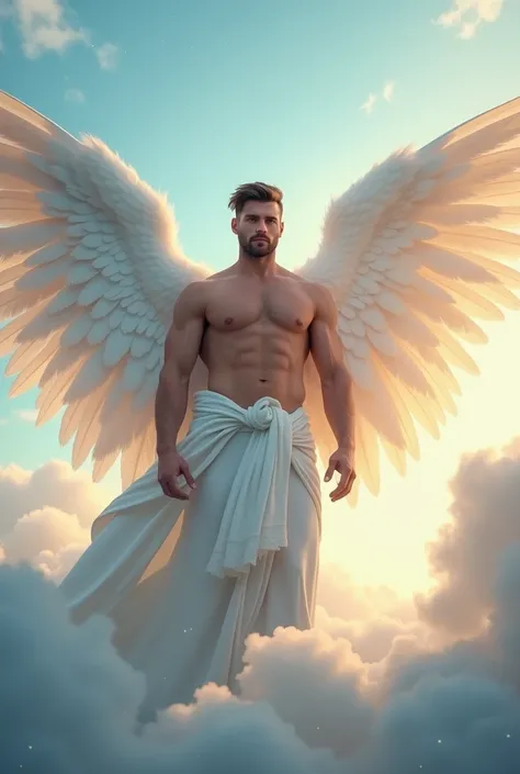 Angel, manly, blue eyes, Three pairs of white wings,front