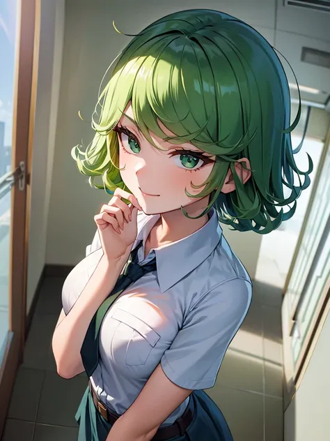 (high res, 8K, masterpiece, looking at viewer, best quality, very aesthetic, ultra detailed, ultra background, ultra Eyes) intricate details, 1girl, Tatsumaki, Chibi, body upright, both hands sideways, Green Short Hair, Green Eyes, short sleeved white shir...