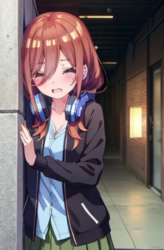 Mikunakano, Miku Nakano, long hair, bangs, brown hair, shirt, hair between eyes, headphones, cardigan, headphones around neck,close both eyes,tears run down her face,Crying with joy,blush,smile, 
break skirt, shirt, long sleeve, white shirt, pantyhose, ple...