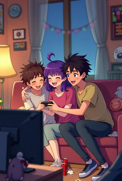 Three friends hugs, 1 sexy girl and 2 handsome boys, approximately between 20 and 25 years,playing videogames, anime