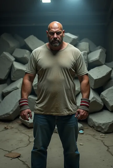 A bald, slightly fat man wearing a boxing T-shirt, Very angry, behind him lie many large grey stones 