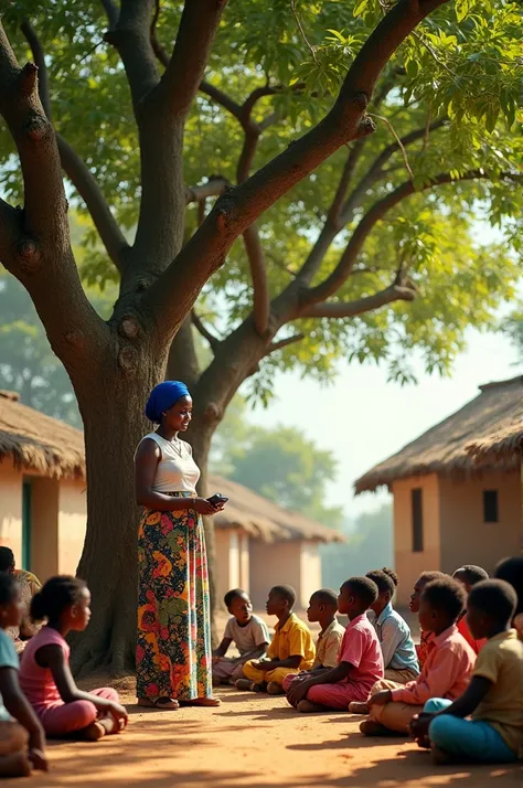 Illustration of a Nigerian teacher age 45, teaching both little Nigerian boys and girls sitting under a mango tree in a village square with bamboo and brick houses 