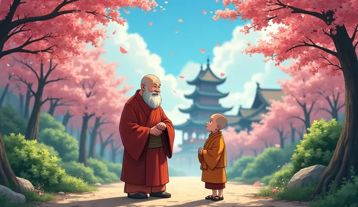 Old fat chinese monk talking and standing with young monk student, beautiful garden, in anime style, trees, surrounded by temples,