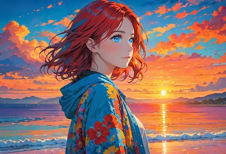 Woman in front of colorful sunset, single girl, alone, red hair, blue eyes,
