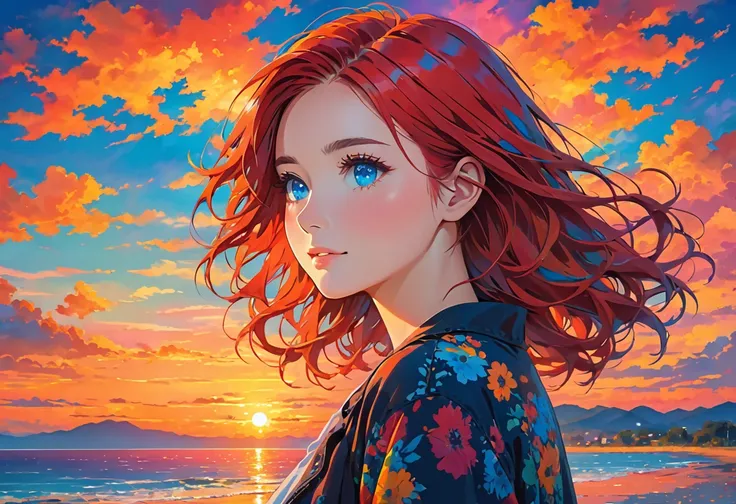 Woman in front of colorful sunset, single girl, alone, red hair, blue eyes,
