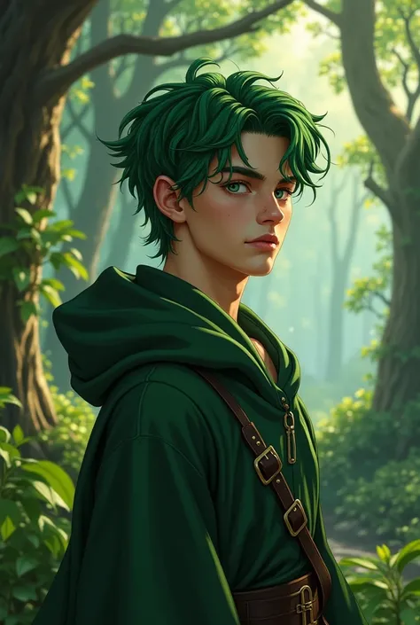 Create an 18-year-old male with forest green hair that is parted on the side and reaches the middle of his back. He has a mole under his right eye and two under his left eye.