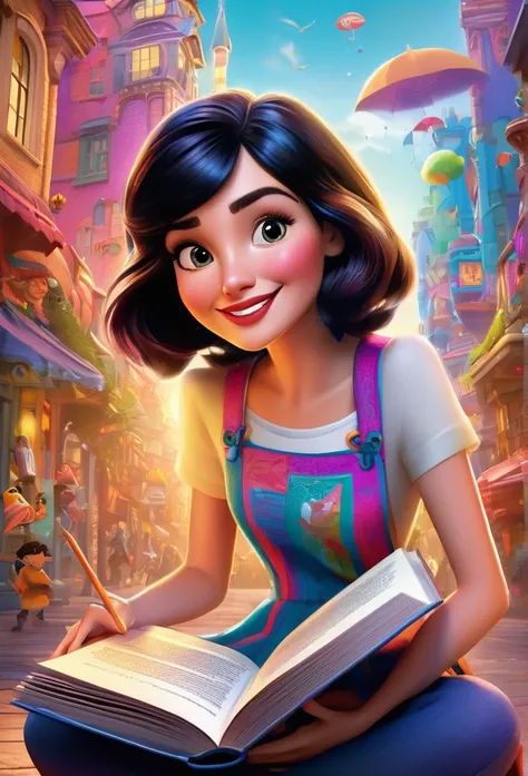 (bright and vibrant colors), (highres), (realistic:1.37), Disney Pixar Movie poster, (art by Kevin James), skinny, no muscle, (41 years old woman),round brown eyes, (beautiful detailed eyes:1.1),very short black hair,  (beautiful detailed lips:1.1), smilin...