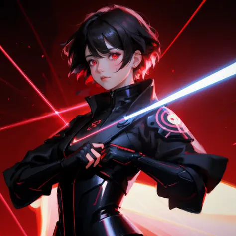 Anime cute girl, red eyes with laser eye power effect , short hair and long bangs in the style of Sh-tracking lines , shiny/glossy , light black and dark crimson , art nouveau-inspired illustrations , action paintings , time-lapse photography , shining bac...