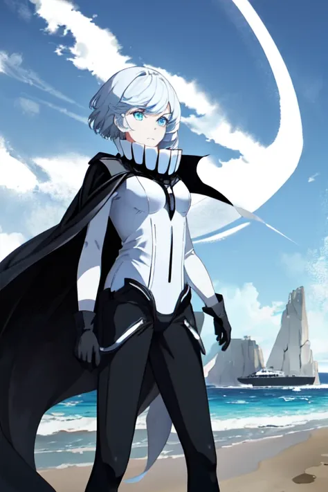 wo-class aircraft carrier, gloves, short hair, solo, white skin, black gloves, blue eyes, cape, leather pants, beach, standing