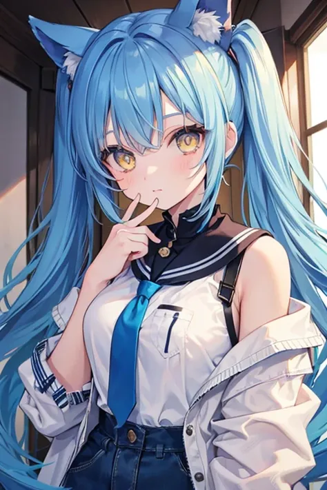 A beautiful girl with blue hair, twin tail, yellow eyes