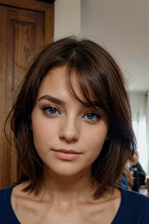 crée moi le visage dune femme brune au yeux bleu le plus réaliste possible