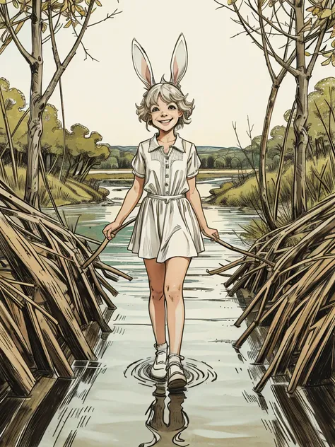 Lila is a white bunny with big ears, she is smiling as she crosses a river with an improvised bridge made of branches..
