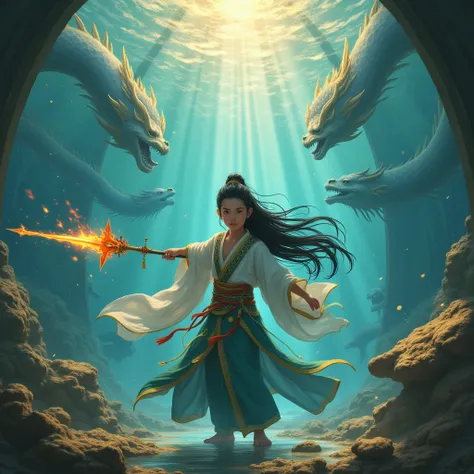 a beautiful young boy with striking features, long black hair, wearing ancient chinese style clothing, wielding the nezhas weapon chain, wind fire wheels, fire spear, and battling in the underwater palace of the dragon king, highly detailed, intricate chin...