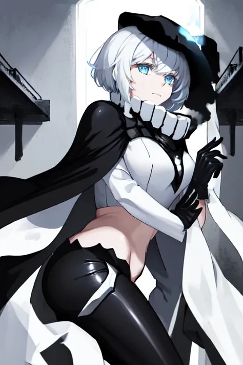 wo-class aircraft carrier, gloves, 1girl, short hair, white hair, solo, white skin, black gloves, blue eyes, black cape, leather pants, room, Masterpiece, Best Quality, 