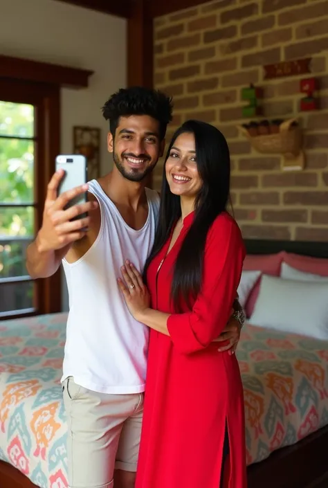 Selfie photo of Indian young  straight couple. Male is wearing White vest and shorts. Female is curvy white fair skin tone, Big breast.,Wearing kerala red full length kurtis and in kerala middle-class bedroom.realistic image. Selfie photo.top view