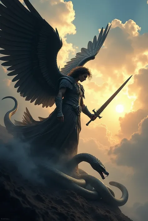 an angel with black wings and sword in its hand with spread wings fighting a giant snake. angel is in haven and snake on the earth