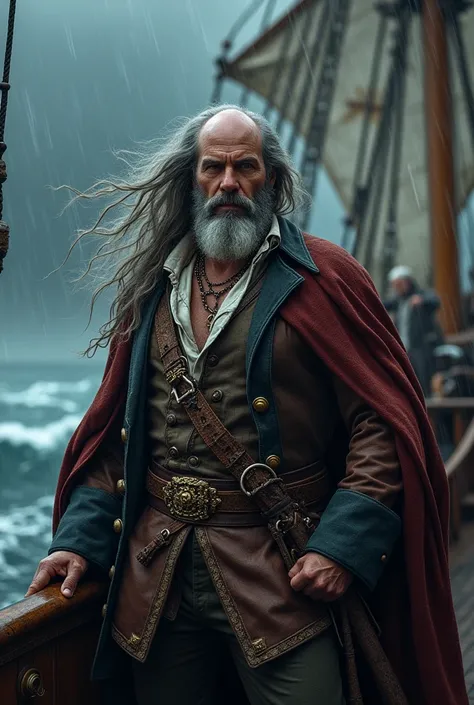 A handsome man of 43 with bald head with long Grey hair, hes strong and hes a pirate, hes wearing wealthy outfits,his standing on a warship,A dark rainy ocean background, photorealistic 