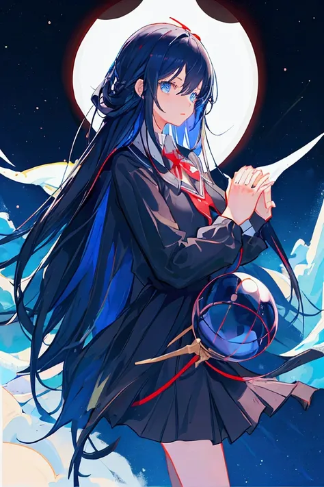 1 girl, black long hair, blue eyes, holding shining globe with two hands, front view, school uniform dark background